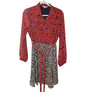 Benares Red & Leopard Print Long Sleeve Dress Belt M Lined Mob Wife Office Trave